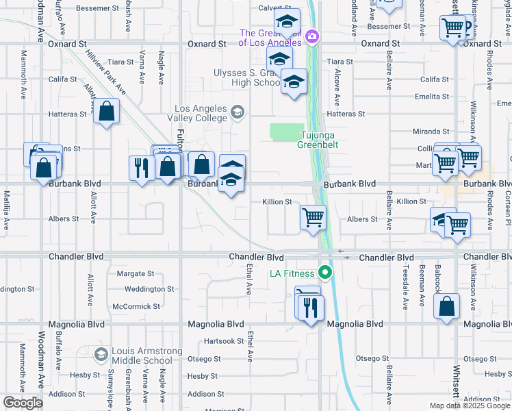 map of restaurants, bars, coffee shops, grocery stores, and more near 5526 Ethel Avenue in Los Angeles