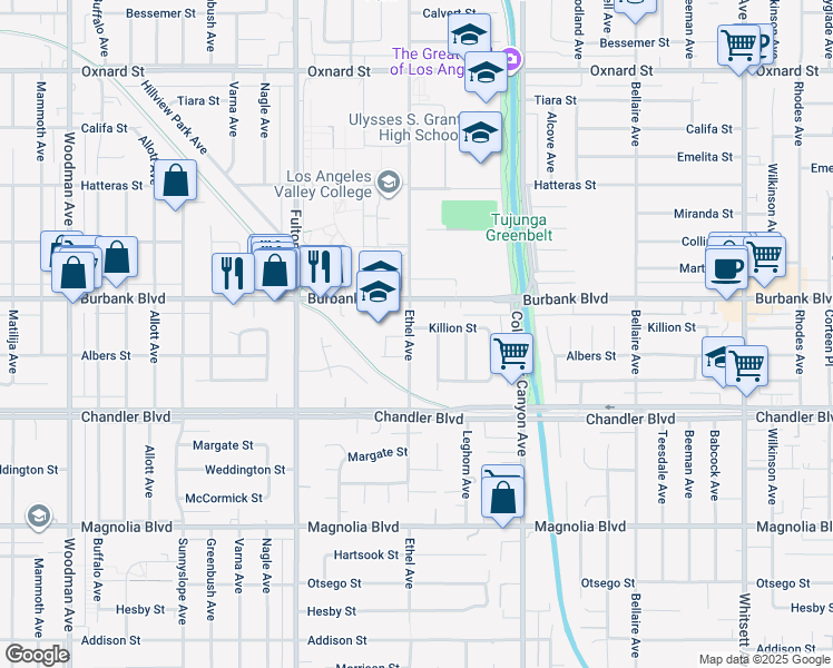 map of restaurants, bars, coffee shops, grocery stores, and more near 5526 Ethel Avenue in Los Angeles