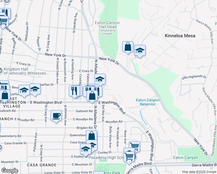 map of restaurants, bars, coffee shops, grocery stores, and more near 2629 Meguiar Drive in Pasadena