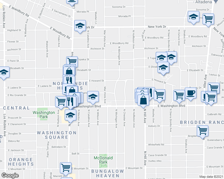 map of restaurants, bars, coffee shops, grocery stores, and more near 1461 North Michigan Avenue in Pasadena