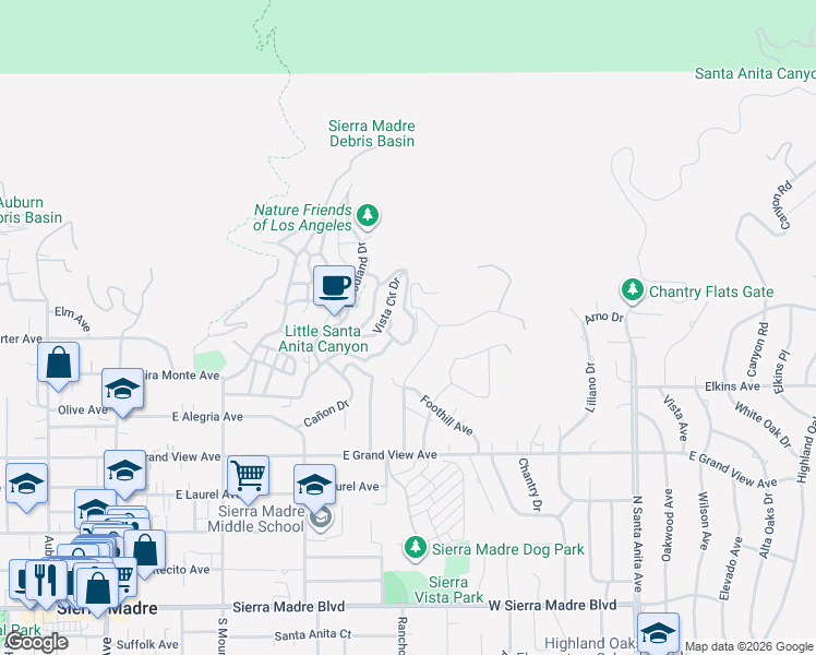 map of restaurants, bars, coffee shops, grocery stores, and more near 521 Alta Vista Drive in Sierra Madre