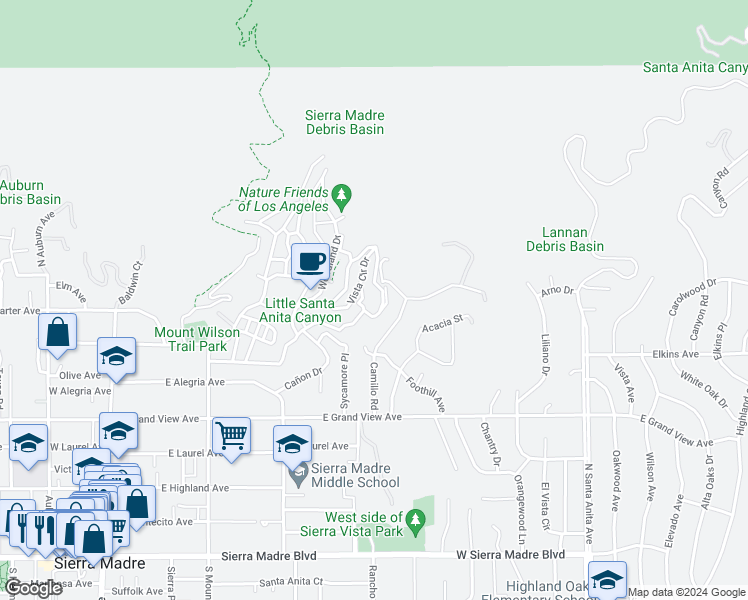 map of restaurants, bars, coffee shops, grocery stores, and more near 521 Alta Vista Drive in Sierra Madre