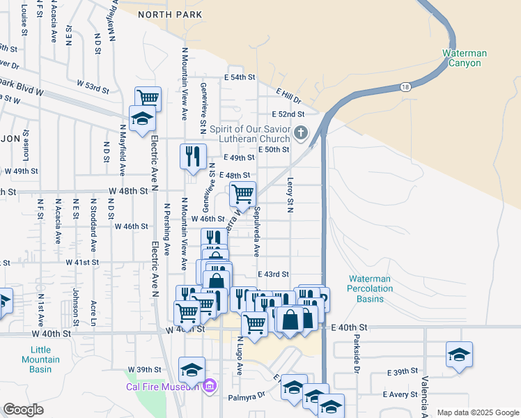 map of restaurants, bars, coffee shops, grocery stores, and more near 4675 Sepulveda Avenue in San Bernardino