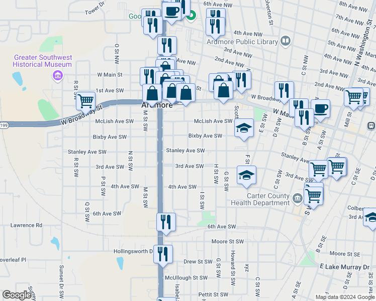 map of restaurants, bars, coffee shops, grocery stores, and more near 999 Stanley Avenue Southwest in Ardmore