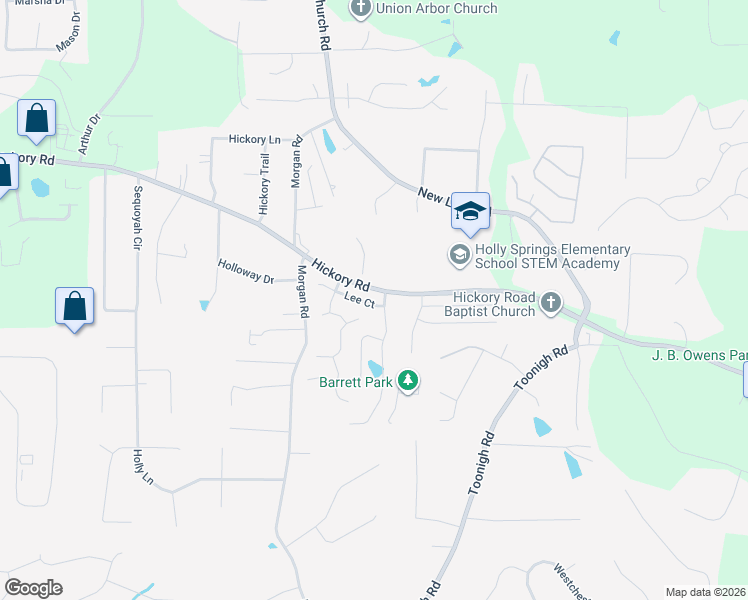 map of restaurants, bars, coffee shops, grocery stores, and more near 202 Lee Court in Holly Springs