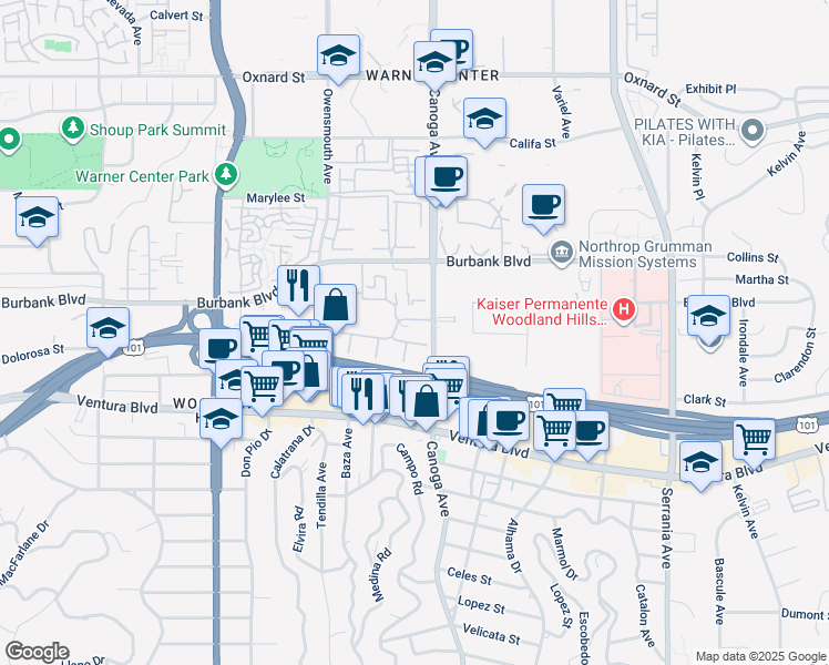map of restaurants, bars, coffee shops, grocery stores, and more near 5535 Canoga Avenue in Los Angeles