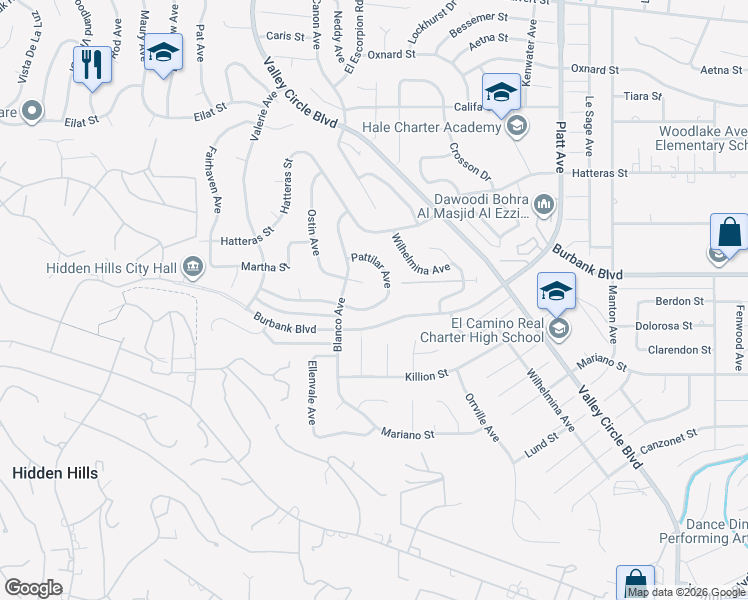 map of restaurants, bars, coffee shops, grocery stores, and more near 24045 Philiprimm Street in Los Angeles