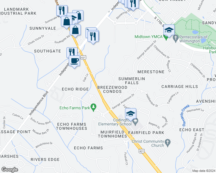 map of restaurants, bars, coffee shops, grocery stores, and more near 4150 Breezewood Drive in Wilmington
