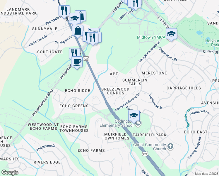 map of restaurants, bars, coffee shops, grocery stores, and more near 4102 Breezewood Drive in Wilmington