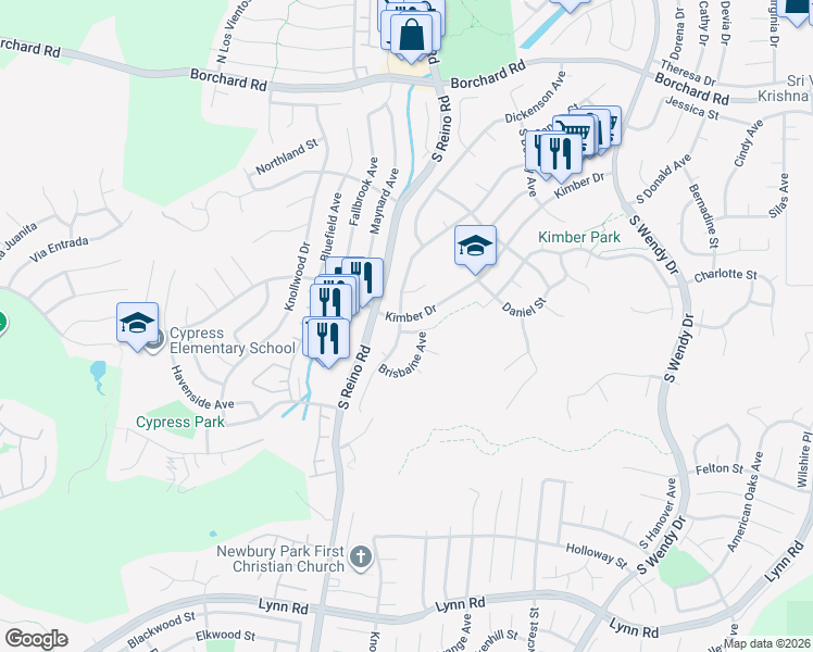 map of restaurants, bars, coffee shops, grocery stores, and more near 3641 Pebble Place in Thousand Oaks
