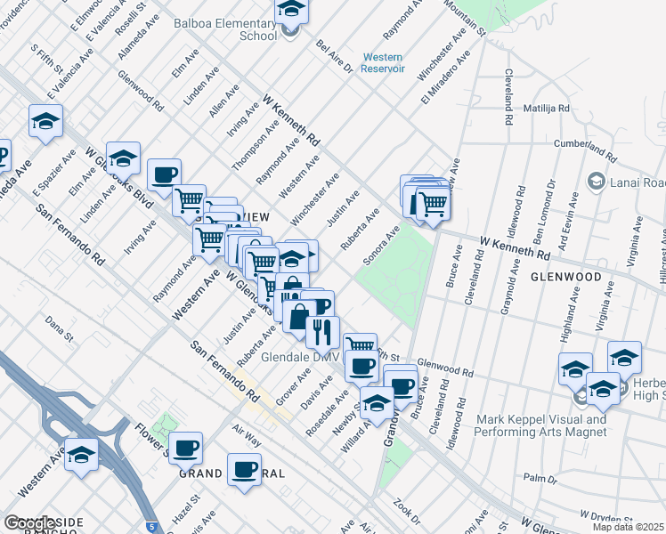 map of restaurants, bars, coffee shops, grocery stores, and more near 1520 Glenwood Road in Glendale