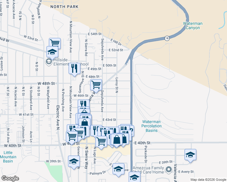 map of restaurants, bars, coffee shops, grocery stores, and more near 220 East 47th Street in San Bernardino