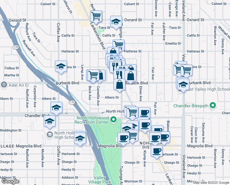 map of restaurants, bars, coffee shops, grocery stores, and more near 11425 Killion Street in Los Angeles