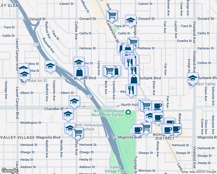 map of restaurants, bars, coffee shops, grocery stores, and more near 11522 Killion Street in Los Angeles