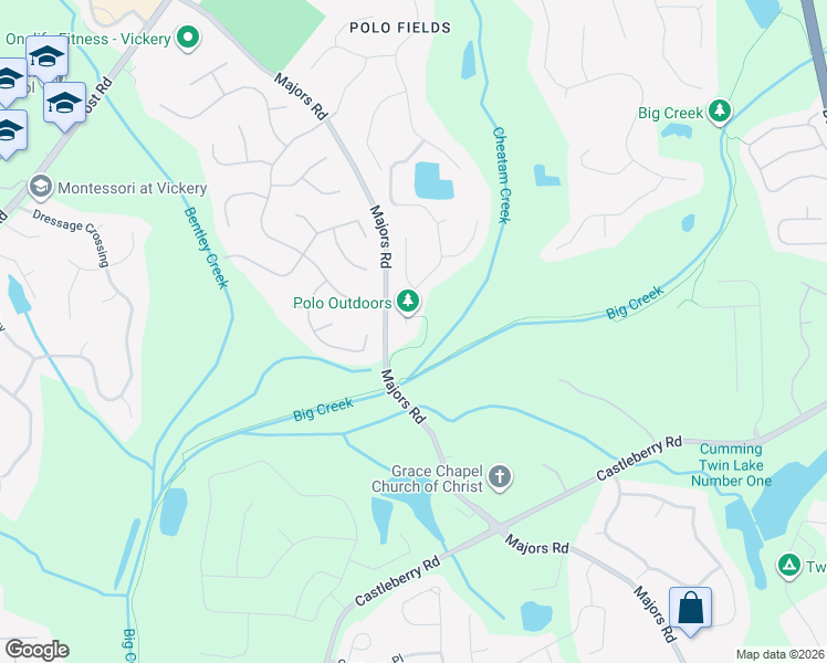map of restaurants, bars, coffee shops, grocery stores, and more near 6655 Manchester Place in Cumming