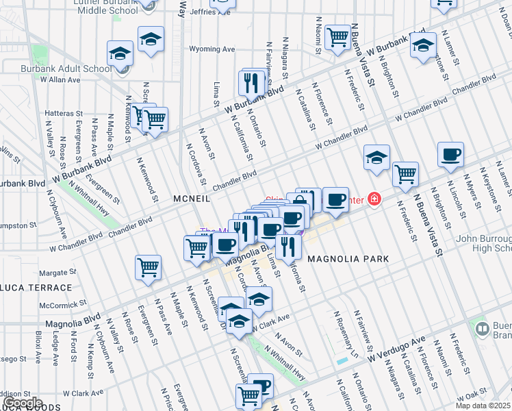 map of restaurants, bars, coffee shops, grocery stores, and more near Lima Street in Burbank