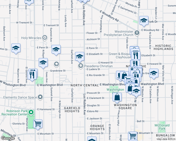 map of restaurants, bars, coffee shops, grocery stores, and more near 470 East Ladera Street in Pasadena