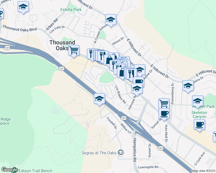 map of restaurants, bars, coffee shops, grocery stores, and more near 103 Comanche Way in Thousand Oaks