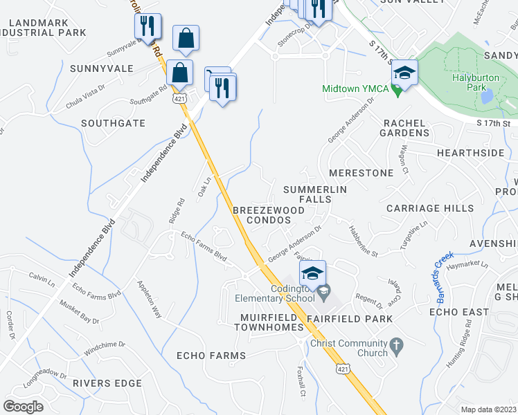 map of restaurants, bars, coffee shops, grocery stores, and more near 4118 Breezewood Drive in Wilmington