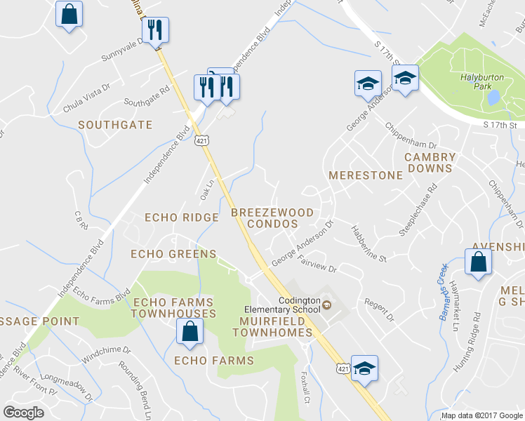 map of restaurants, bars, coffee shops, grocery stores, and more near 4102 Breezewood Drive in Wilmington