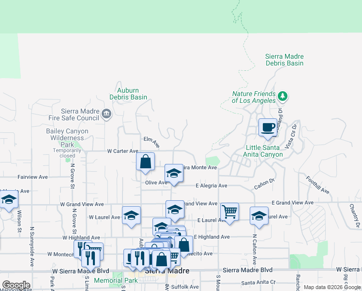 map of restaurants, bars, coffee shops, grocery stores, and more near 608 Baldwin Court in Sierra Madre