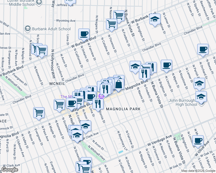 map of restaurants, bars, coffee shops, grocery stores, and more near 930 North Fairview Street in Burbank