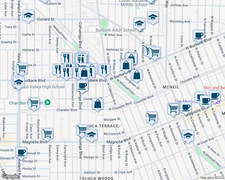map of restaurants, bars, coffee shops, grocery stores, and more near 1310 North Clybourn Avenue in Burbank