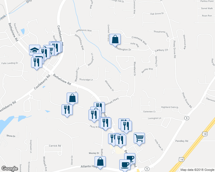 map of restaurants, bars, coffee shops, grocery stores, and more near 6335 Whirlaway Drive in Cumming