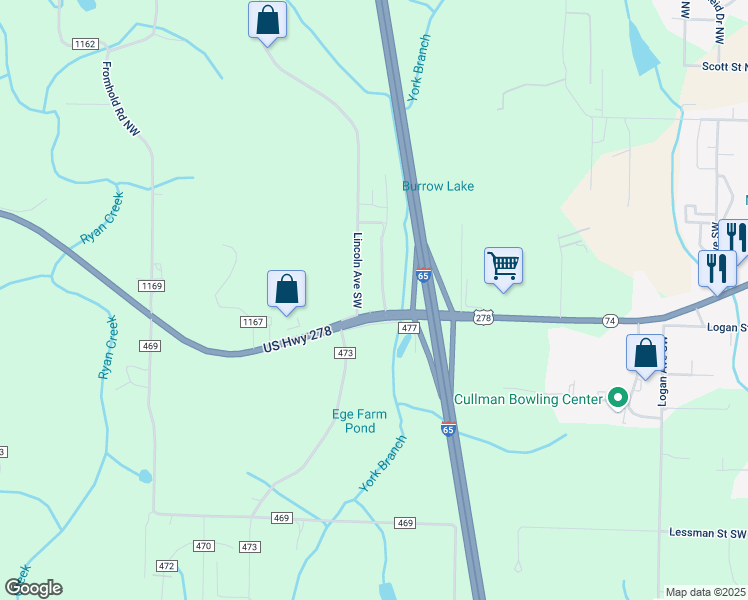map of restaurants, bars, coffee shops, grocery stores, and more near 300 Benchmark Way in Cullman