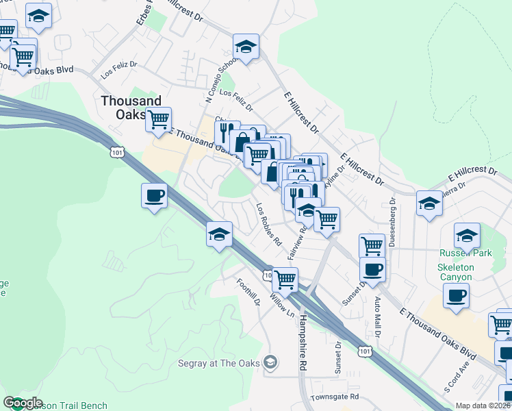 map of restaurants, bars, coffee shops, grocery stores, and more near 112 Navajo Way in Thousand Oaks