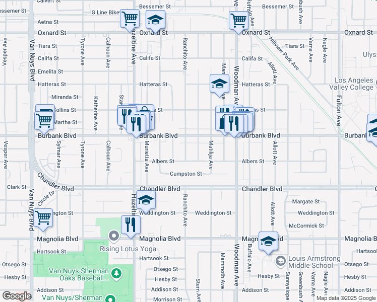 map of restaurants, bars, coffee shops, grocery stores, and more near 5524 Ranchito Avenue in Los Angeles