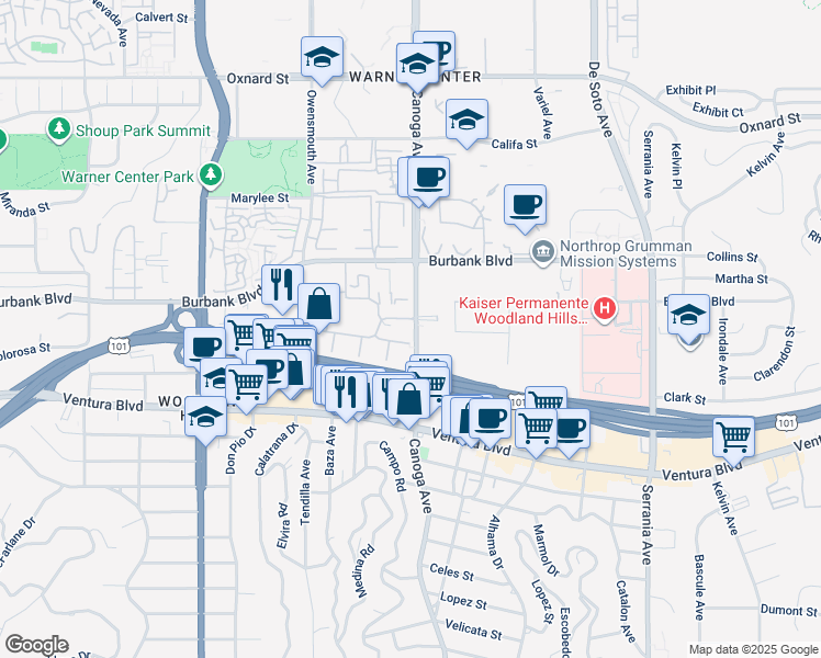 map of restaurants, bars, coffee shops, grocery stores, and more near 5545 Canoga Avenue in Los Angeles