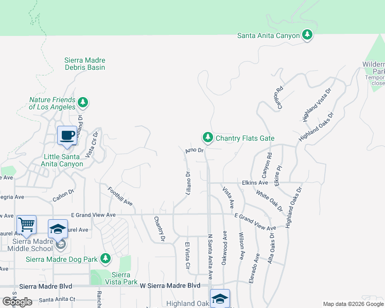 map of restaurants, bars, coffee shops, grocery stores, and more near 1110 Arno Drive in Sierra Madre