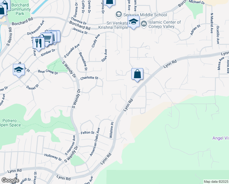 map of restaurants, bars, coffee shops, grocery stores, and more near 419 Helga Court in Thousand Oaks