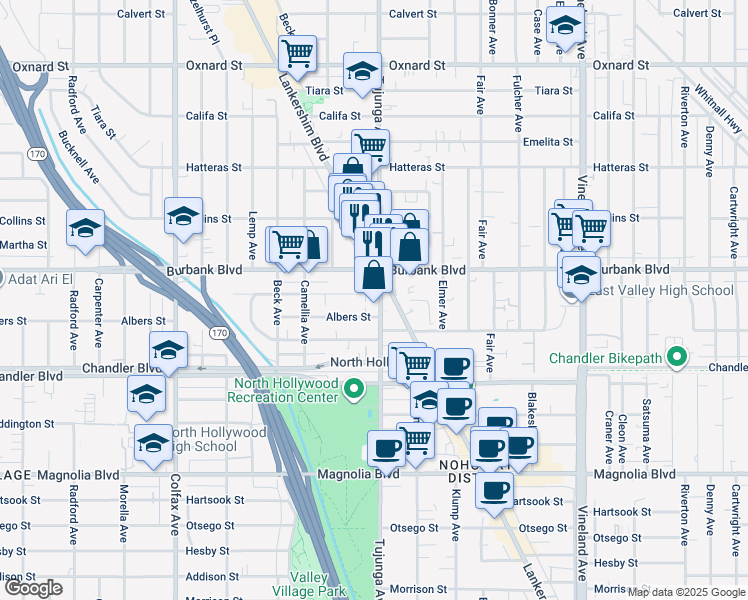 map of restaurants, bars, coffee shops, grocery stores, and more near 11425 Killion Street in Los Angeles