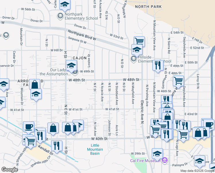 map of restaurants, bars, coffee shops, grocery stores, and more near in San Bernardino County