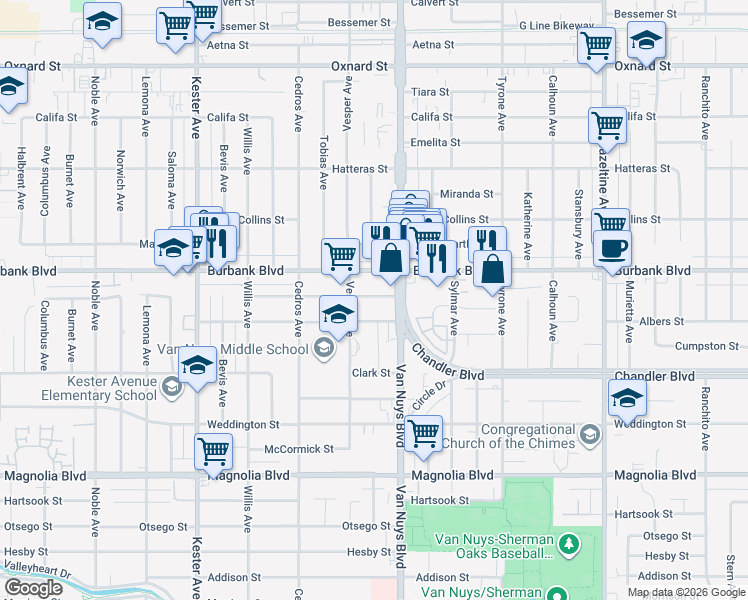 map of restaurants, bars, coffee shops, grocery stores, and more near 14549 Killion Street in Los Angeles
