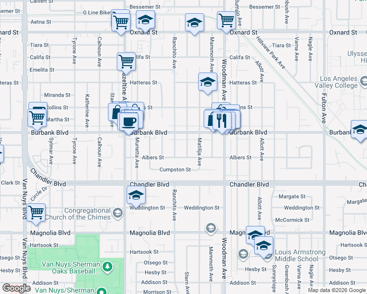 map of restaurants, bars, coffee shops, grocery stores, and more near 5525 Cantaloupe Avenue in Los Angeles
