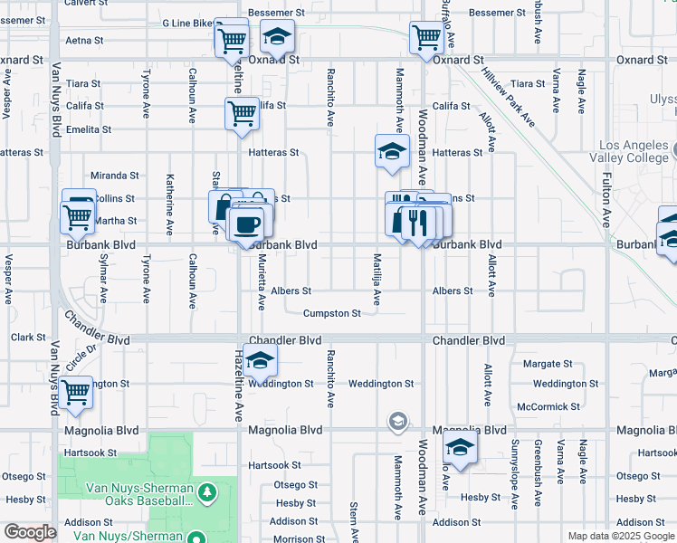 map of restaurants, bars, coffee shops, grocery stores, and more near 5524 Ranchito Avenue in Los Angeles