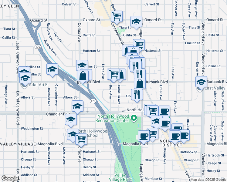 map of restaurants, bars, coffee shops, grocery stores, and more near 11522 Killion Street in Los Angeles