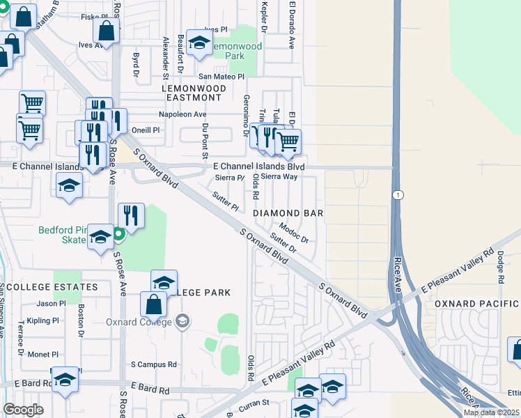 map of restaurants, bars, coffee shops, grocery stores, and more near 3200 Olds Road in Oxnard