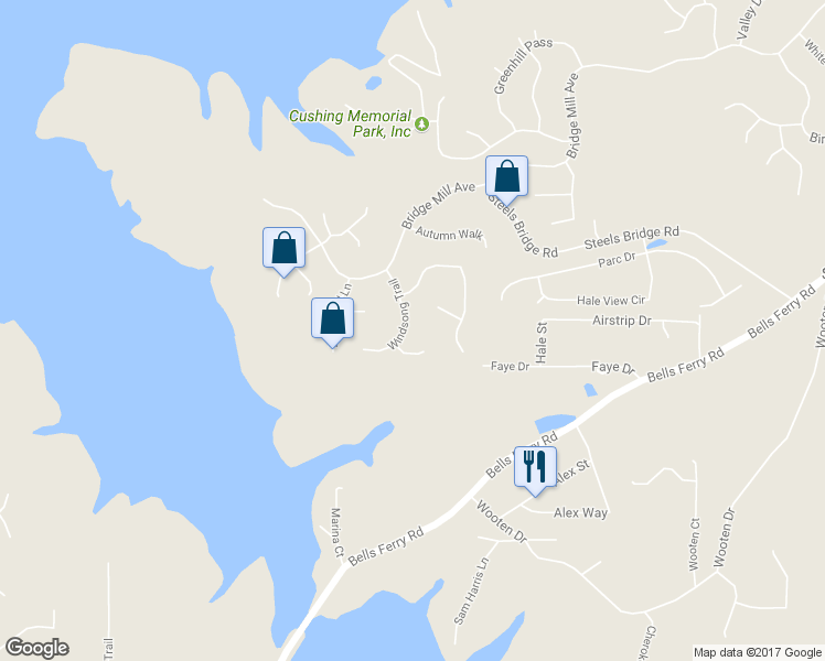 map of restaurants, bars, coffee shops, grocery stores, and more near 119 Windsong Trail in Canton