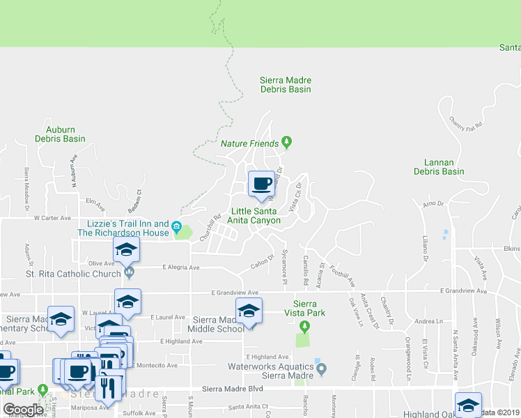 map of restaurants, bars, coffee shops, grocery stores, and more near 561 Woodland Drive in Sierra Madre