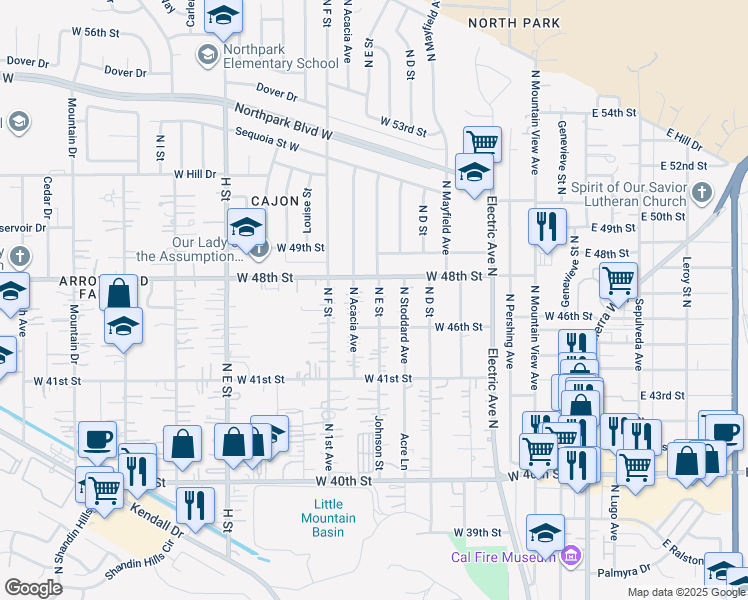 map of restaurants, bars, coffee shops, grocery stores, and more near 4718 North E Street in San Bernardino