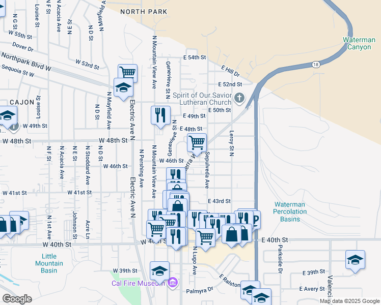 map of restaurants, bars, coffee shops, grocery stores, and more near 4655 Woodbend Lane in San Bernardino