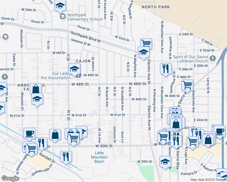 map of restaurants, bars, coffee shops, grocery stores, and more near 4718 North E Street in San Bernardino