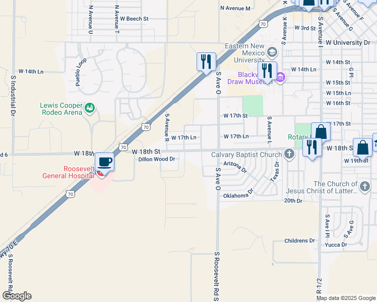 map of restaurants, bars, coffee shops, grocery stores, and more near 1700-1798 W 18th St in Portales
