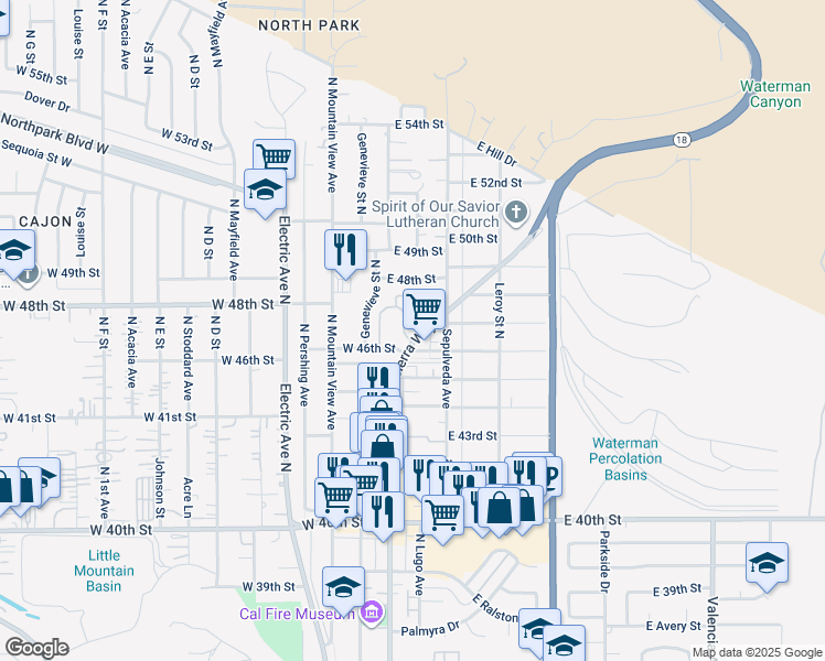map of restaurants, bars, coffee shops, grocery stores, and more near 4655 Woodbend Lane in San Bernardino