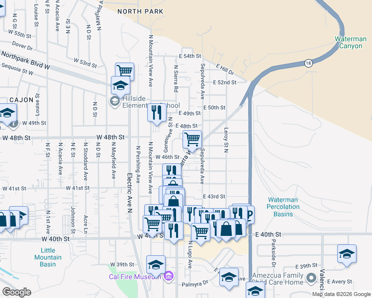map of restaurants, bars, coffee shops, grocery stores, and more near 4655 Woodbend Lane in San Bernardino