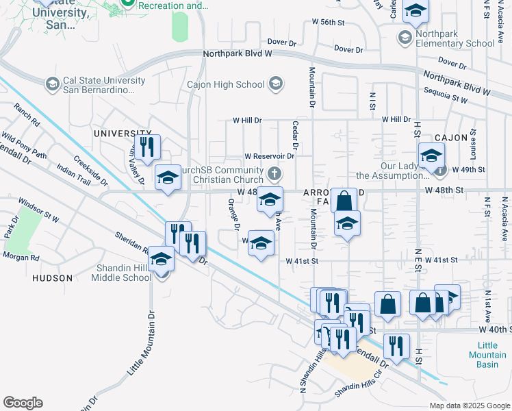 map of restaurants, bars, coffee shops, grocery stores, and more near 1143 West 48th Street in San Bernardino County